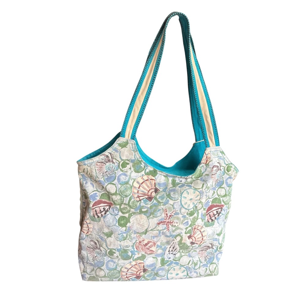 Sun N Sand Farida Zaman Coastal Seashell Beaded Canvas Tote Bag Turquoise Blue